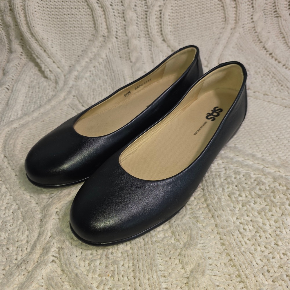 SAS Scenic Ballet Flats Black Leather Slip‎ On Womens 9.5M Excellent